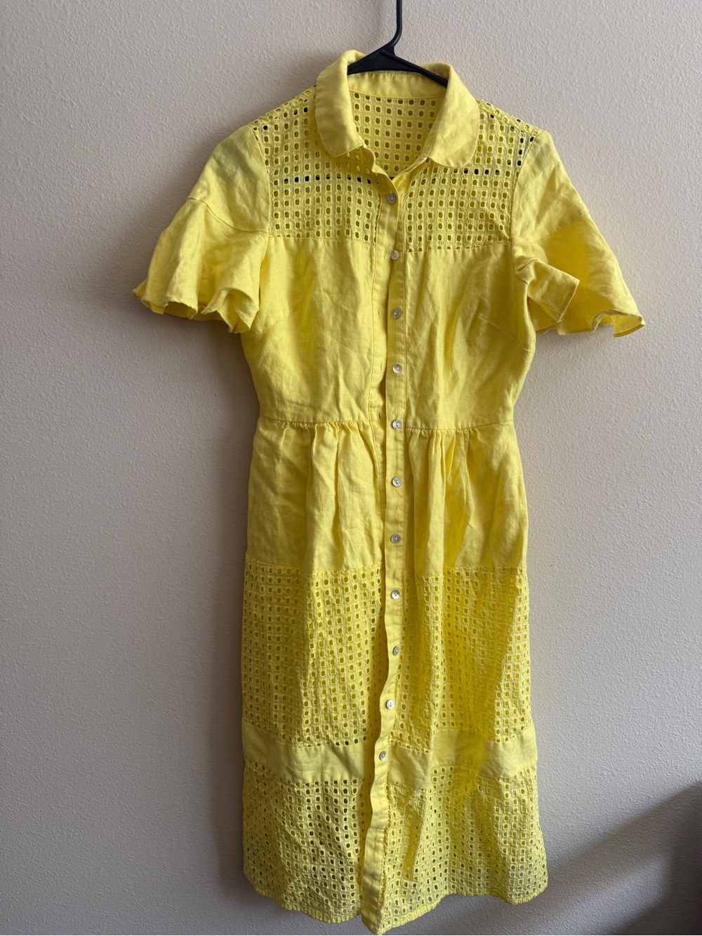 Badgley Mischka Bright Yellow Eyelet Midi Shirt Dress